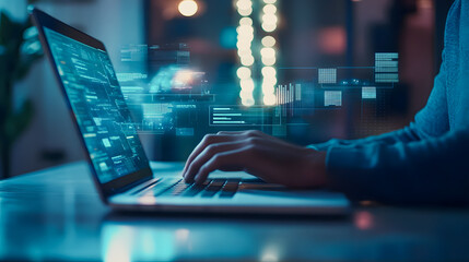Poster - Hands Typing on Laptop with Digital Data Visualization in Modern Office Space at Night in Soft Focus Background