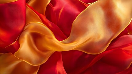 Flowing red and golden fabrics abstract art textile design studio environment close-up viewpoint