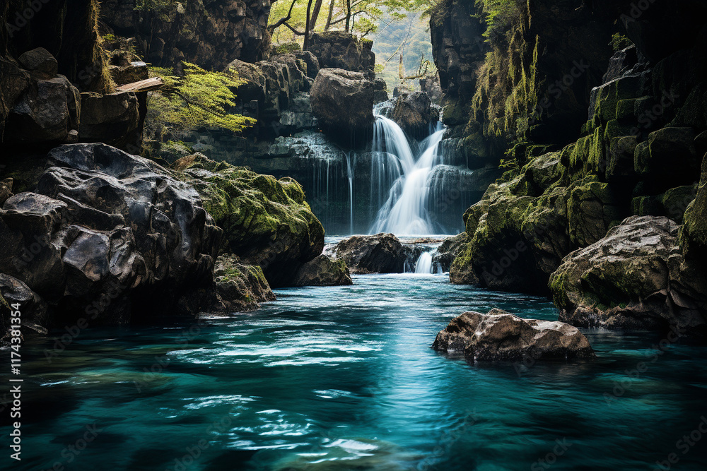 artwork captures enchanting and serene qualities of a blue waterfall ...