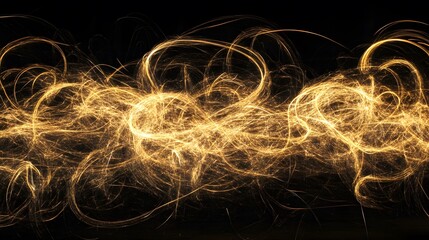Poster - Dynamic golden light trails abstract studio digital art dark background close-up energy and motion