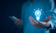 © LALAKA - Business solution idea concept. Businessman  creative light bulbs with marketing network, planning strategy, analysis and development, modern technology, Innovative of new idea