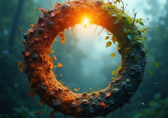 Wall Mural - Natural circular frame adorned with leaves as sunlight shines through in a forest