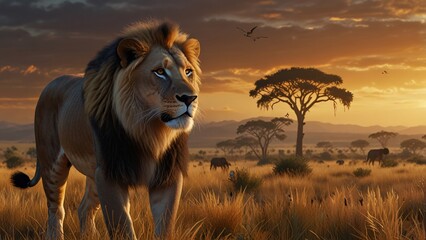 majestic african lion at sunset in savannah