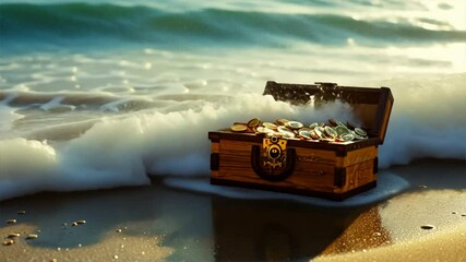 Wall Mural - Treasure Chest of Gold Coins on Beach An Ocean Adventure of Discovery Amidst Waves and Shore Riches