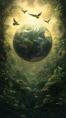 earth surrounded by lush jungle and birds.