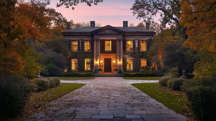 Canvas Print - Majestic Autumn Mansion: Illuminated Brick Home at Dusk