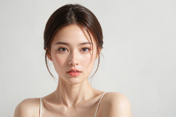 a woman with a short, straight, dark brown hair and a white tank top