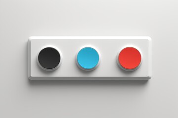there are three buttons on a white wall with a red one and blue one