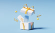© aanbetta - Open a gift box with gift voucher in side. Bonut, celebration, reward, shopping. 3d rendering