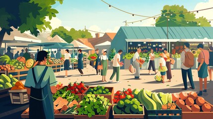 Poster - A cartoon illustration of a busy outdoor market.