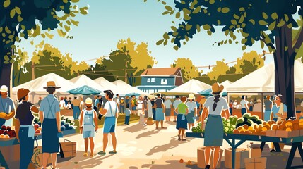 Poster - A cartoon illustration of an outdoor market in a small town.