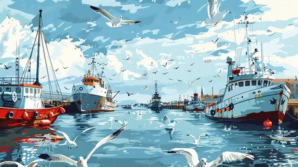 Poster - A cartoon illustration of a harbor with boats and seagulls.