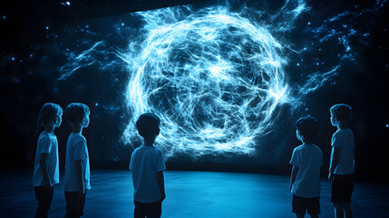 Poster - A group of children stands mesmerized before a glowing, swirling blue energy display, capturing a moment of wonder and curiosity