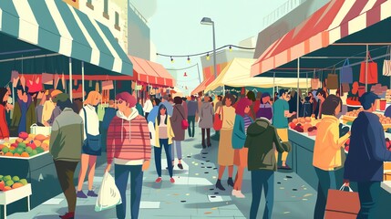 Poster - A cartoon illustration of a busy market street.