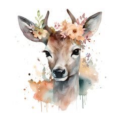 Wall Mural - Watercolor deer with floral crown vector illustration