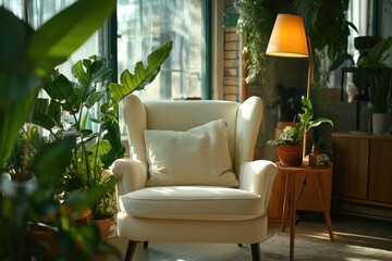 Poster - Comfortable armchair with a pillow, table lamp, and indoor plants in a Scandinavian-style living room