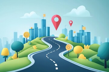 Poster - Conceptual illustration of a successful business strategy roadmap with goals and milestones