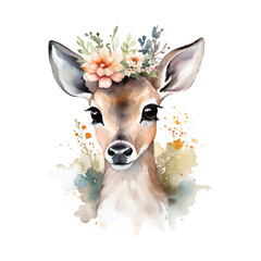 Wall Mural - Watercolor deer with floral crown vector illustration