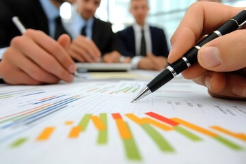 Poster - Confident young business professionals analyzing performance metrics during a team meeting