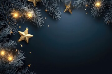 Poster - Elegant Christmas background with glowing gold stars and frosted pine branches, ideal for seasonal promotions