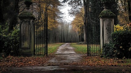 Poster - Autumnal Pathway Through a Forest Gate