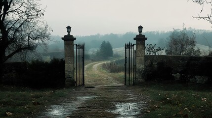 Poster - Secluded Pathway through Stone Gate in Foggy Landscape