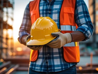 Construction safety and worker protection with a focus on a yellow hard hat, gloves, and reflective vest in a professional work environment, highlighting construction standards, equipment, and safety 