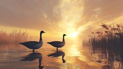 Canvas Print - Majestic Geese at Sunset: A Serene Lake Scene