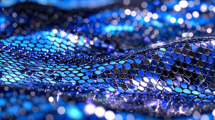 Abstract blue metallic wavy surface with hexagonal pattern and bokeh lights.