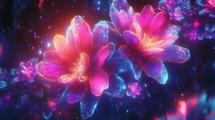 Wall Mural - Radiant fractal blooms glowing in vibrant neon hues with a space backdrop
