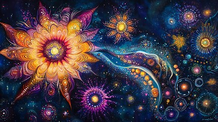 Wall Mural - Shimmering neon fractals blending into a star-filled galaxy