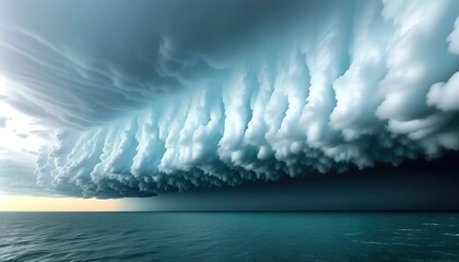 Wall Mural - A massive, mesmerizing shelf cloud hangs low over a dark ocean, creating a dramatic and aweinspiring natural spectacle. The clouds texture is strikingly detailed.