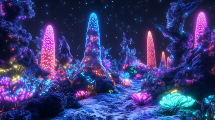 Wall Mural - Luminous fractal designs glowing with neon colors in a space environment