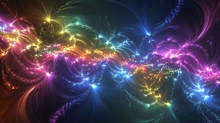 Wall Mural - Iridescent fractal waves in glowing neon hues stretching into the void