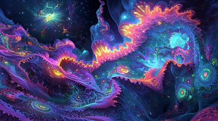 Wall Mural - Iridescent fractal waves in glowing neon hues stretching into the void