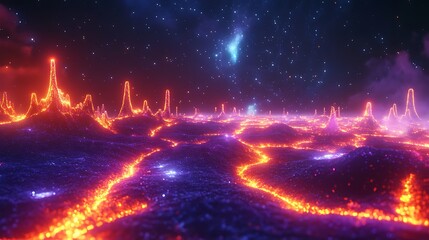 Wall Mural - Interconnected fractal shapes glowing with neon brilliance in a celestial field