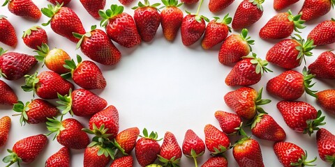 Wall Mural - Aerial Drone Shot: Round Frame of Fresh Strawberries Isolated on White