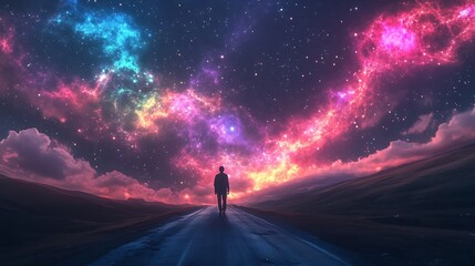 Wall Mural - Radiant fractal patterns glowing with neon hues over a star-filled sky