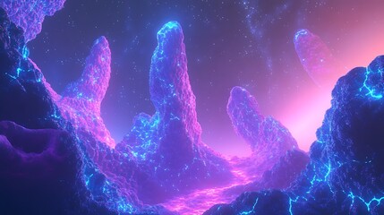 Wall Mural - Abstract fractal formations glowing with neon intensity in a starry environment