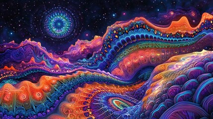 Wall Mural - Expanding fractal waves glowing with neon hues in interstellar space