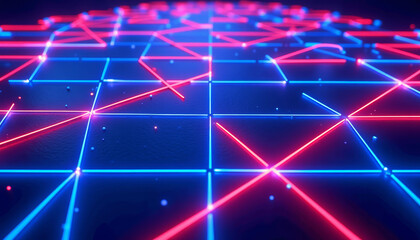Fototapete - Neon Abstract Grid with Blue and Red Glow