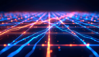 Fototapete - Blue Neon Grid with Dynamic Patterns