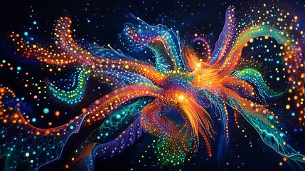 Wall Mural - Twisting fractals glowing with neon brilliance in a celestial expanse