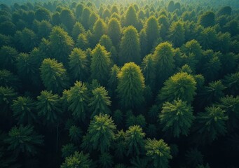 Wall Mural - Lush green forest with sunlight filtering through tall trees at dawn