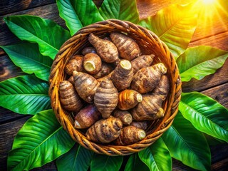 Wall Mural - Aerial View Fresh Taro Root in Bamboo Basket, Organic Harvest, Tropical Produce