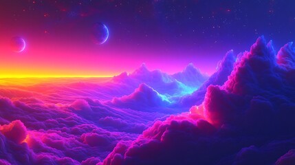 Wall Mural - Vibrant fractal shapes glowing with neon light under a celestial sky