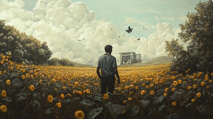 Poster - Solitary Figure in a Sunflower Field