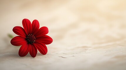 A vibrant red flower standing out on a soft cream-colored surface