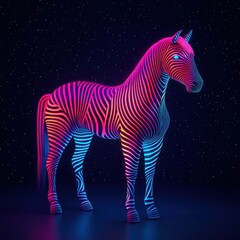 Poster - A vibrant, neon-striped zebra illuminated against a dark starry background, creating a striking visual contrast.