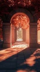 Poster - Autumnal Archway: A Sunlit Pathway Through Red Leaves